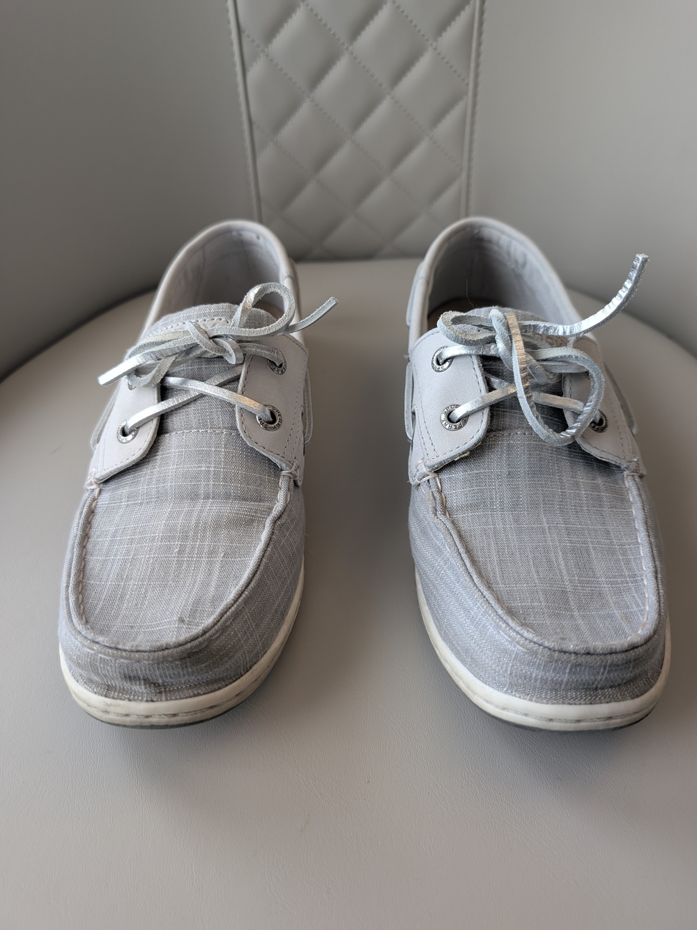 Sperry Light Gray Canvas Women Sz 8.5 Boat Shoes with Lace Details